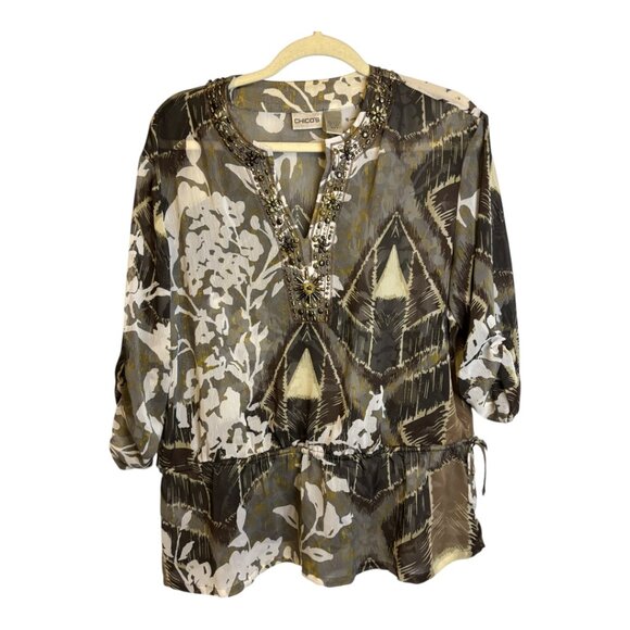 Chico's Blouse Women's Size XL Lightweight Sheer‎ Beaded Floral Brown Chicos 3 - Picture 1 of 3